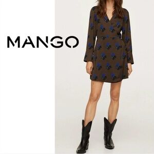 Mango Brown Mini Dress with Blue Floral Design
